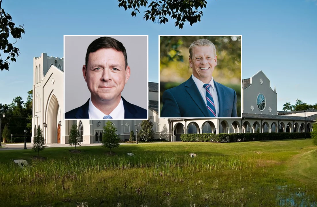Saint Andrew's Chapel in Sanford Florida with inset photos of pastor Burk Parsons and Dr. Stephen Nichols involved in the excommunication controversy
